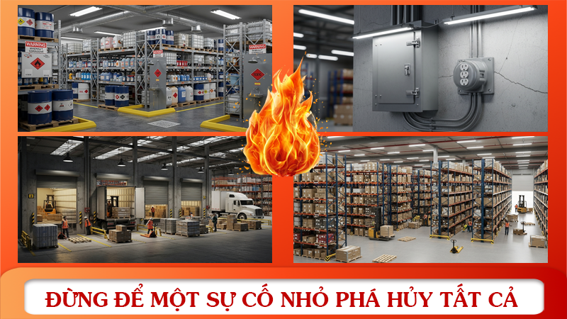 Hình ảnh kho bãi chứa các vật liệu dễ cháy với hệ thống điện không an toàn, gây nguy cơ cháy nổ.