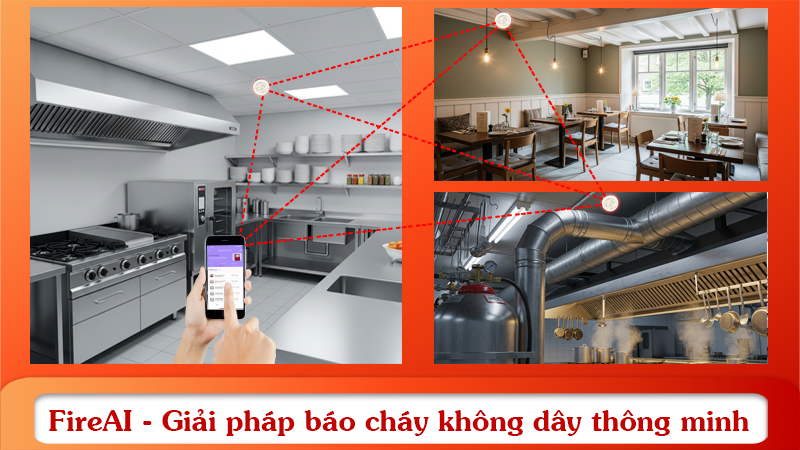 Chủ nhà hàng giám sát báo cháy qua FireAI App trên điện thoại.