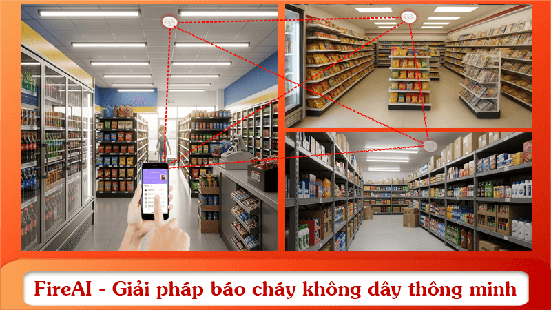 Chủ cửa hàng tạp hóa giám sát hệ thống FireAI qua ứng dụng điện thoại.