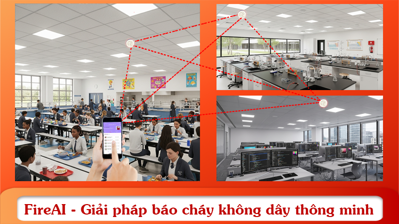 Giám sát báo cháy trong trường học qua FireAI App trên điện thoại.