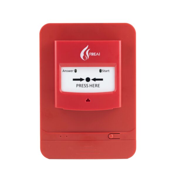 Nút nhấn báo cháy không dây FireAI FWB‑01, màu đỏ cam trắng, kết nối Zigbee với tủ trung tâm FWT-01/FWCC‑01 và thiết bị báo cháy FireAI khác