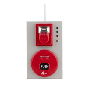 Tổ hợp chuông đèn nút nhấn báo cháy FireAI FWC‑01, màu đỏ cam trắng, kết nối Zigbee với tủ trung tâm và thiết bị báo cháy khác