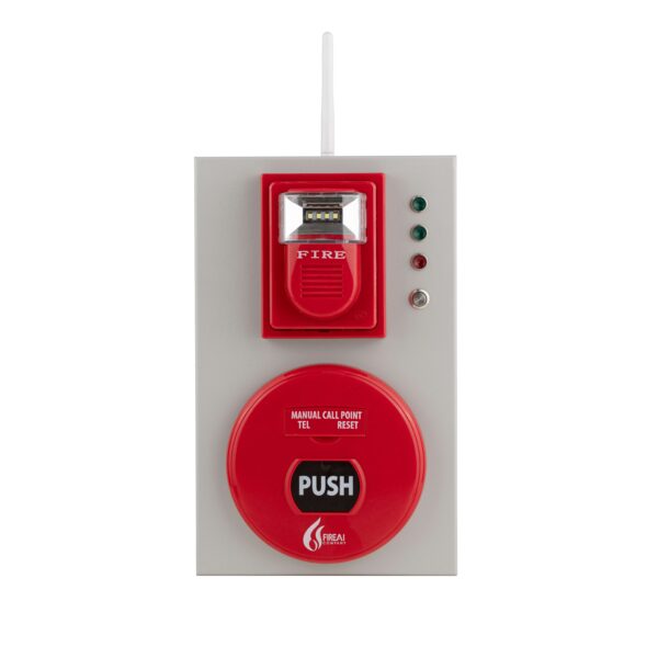 Tổ hợp chuông đèn nút nhấn báo cháy FireAI FWC‑01, màu đỏ cam trắng, kết nối Zigbee với tủ trung tâm và thiết bị báo cháy khác