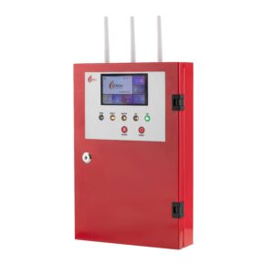 Tủ trung tâm báo cháy không dây FireAI FWCC‑01, màu đỏ cam trắng, pin dự phòng 24V, quản lý hệ thống thiết bị báo cháy Zigbee