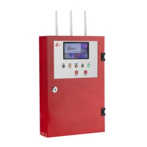 Tủ trung tâm báo cháy không dây FireAI FWCC‑01, màu đỏ cam trắng, pin dự phòng 24V, quản lý hệ thống thiết bị báo cháy Zigbee
