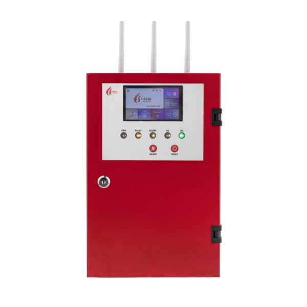Tủ trung tâm báo cháy không dây FireAI FWCC‑01, màu đỏ cam trắng, pin dự phòng 24V, quản lý hệ thống thiết bị báo cháy Zigbee
