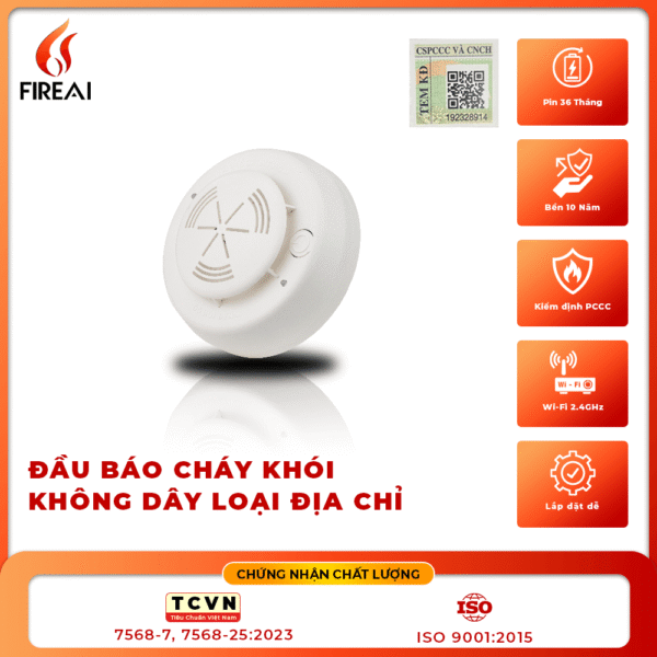 Đầu báo khói không dây FireAI FWS‑01, màu đỏ cam trắng, kết nối Zigbee với tủ trung tâm và thiết bị báo cháy khác