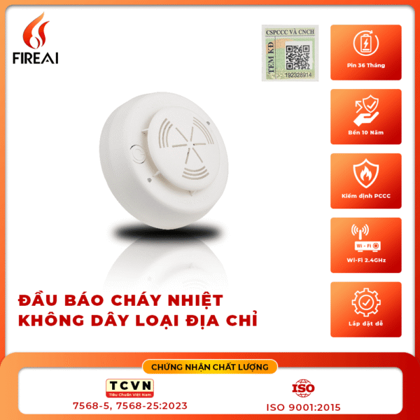Đầu báo nhiệt không dây FireAI FWH‑01, màu đỏ cam trắng, kết nối Zigbee với tủ trung tâm và thiết bị báo cháy khác