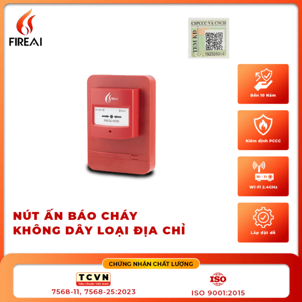 Nút nhấn báo cháy không dây FireAI FWB‑01, màu đỏ cam trắng, kết nối Zigbee với tủ trung tâm FWT-01/FWCC‑01 và thiết bị báo cháy FireAI khác