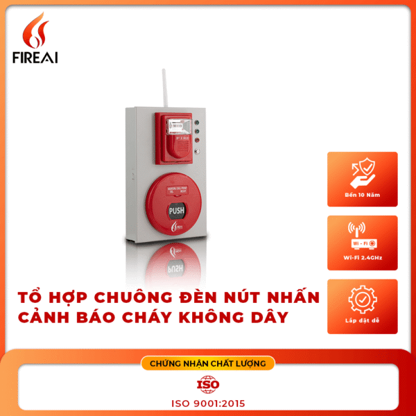 Tổ hợp chuông đèn nút nhấn báo cháy FireAI FWC‑01, màu đỏ cam trắng, kết nối Zigbee với tủ trung tâm và thiết bị báo cháy khác