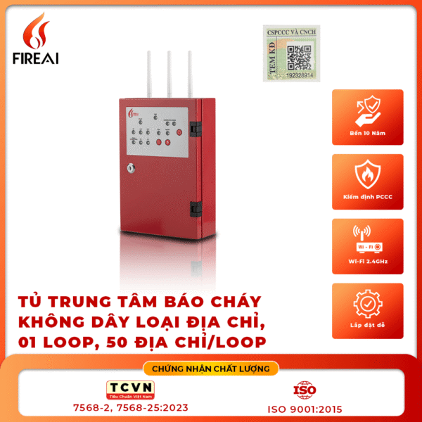 Tủ trung tâm báo cháy không dây FireAI FWT‑01, màu đỏ cam trắng, kết nối 50 thiết bị con qua mạng Zigbee