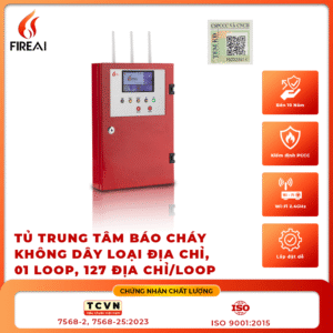 Tủ trung tâm báo cháy không dây FireAI FWCC‑01, màu đỏ cam trắng, pin dự phòng 24V, quản lý hệ thống thiết bị báo cháy Zigbee