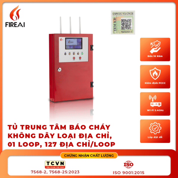 Tủ trung tâm báo cháy không dây FireAI FWCC‑01, màu đỏ cam trắng, pin dự phòng 24V, quản lý hệ thống thiết bị báo cháy Zigbee