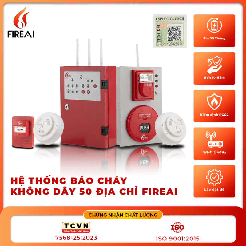 Hệ thống báo cháy không dây 50 địa chỉ FireAi Hệ thống báo cháy không dây 50 địa chỉ FireAi